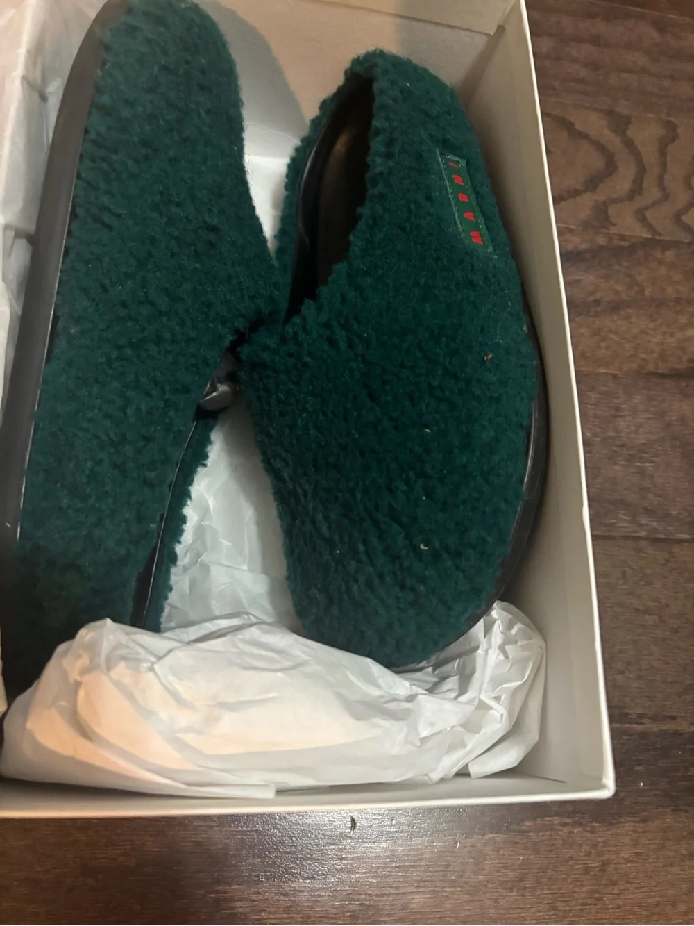 Marni Dark Green Plush Slip-On Mules